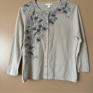 Garnet Hill Taupe Embellished Beaded Lightweight Merino Wool Cardigan medium